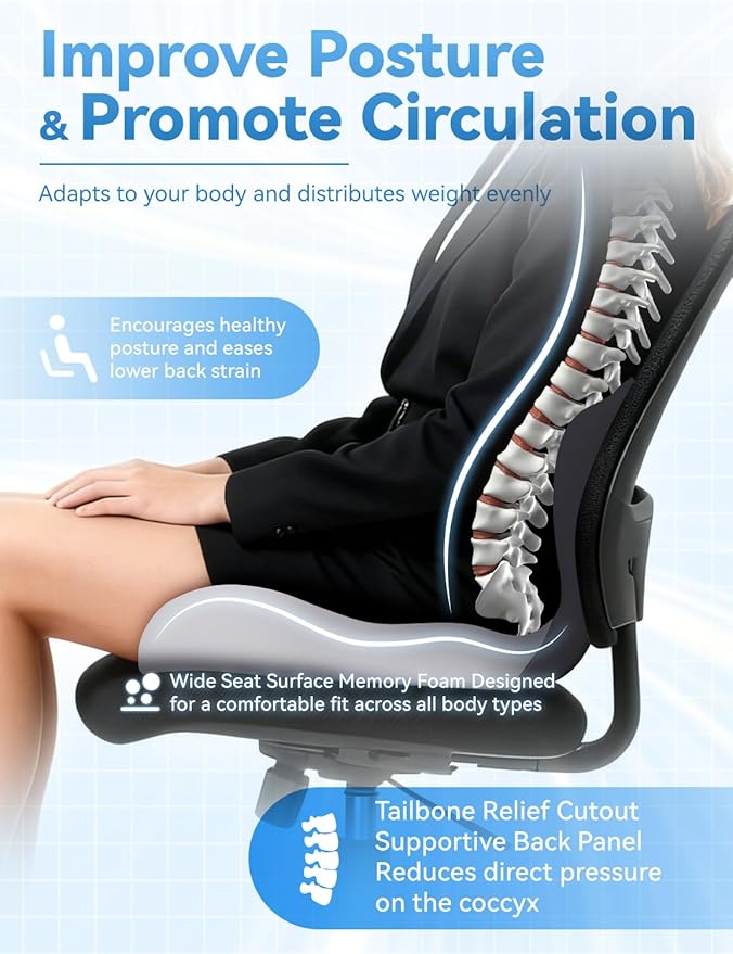 Orthopedic Cushion, Ergonomic Orthopedic Cushion for Tailbone Pain Relief, with Memory Foam, Car Seat Cushion with Waist Support, Non-Slip, Breathable, Washable Cover (Black)