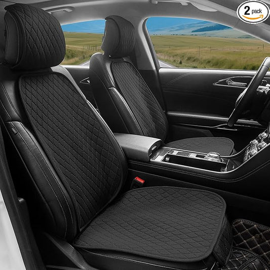 Linen Car Seat Covers Front Seat Covers, Breathable Cloth Fabric Car Seat Protector with Storage Pocket Anti-Slip Car Seat Protector Universal Fit for 98% Cars SUV Trucks (2Pack Black)