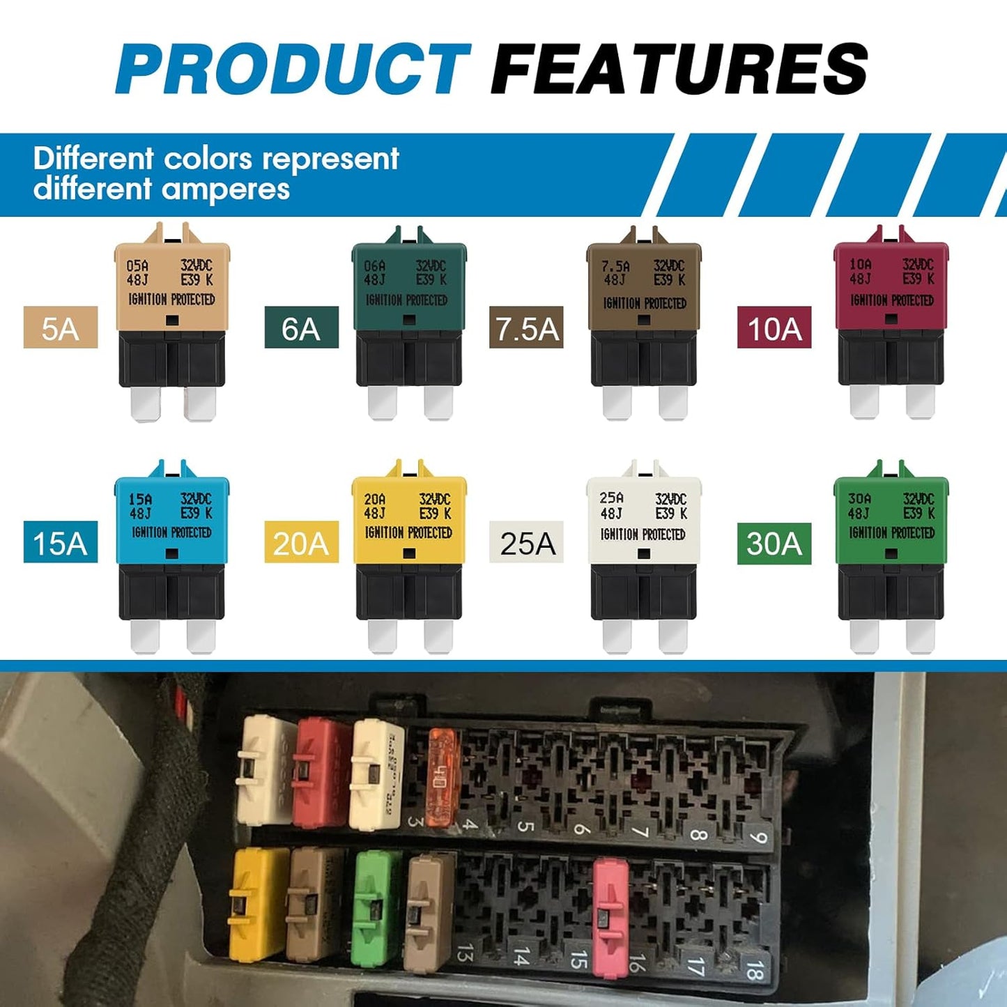 GLOSO Circuit Breaker Fuse E39 (T3) Manual Reset for Car Truck RV Automotive Marine Boat Trolling Motor & Custom Wiring Audio Battery Protection/Low Profile ATC/ATO (30A - 3 Pack)