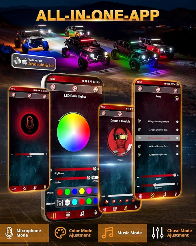 Auxbeam 8-Pod RGB LED Rock Lights w/Brake Mode 217°Dual-Side Lighting Underglow Kit w/Bluetooth APP & Remote Control Music Voice Sync Waterproof Wheel Well Lights for Trucks Offroad RV 1 Year Warranty