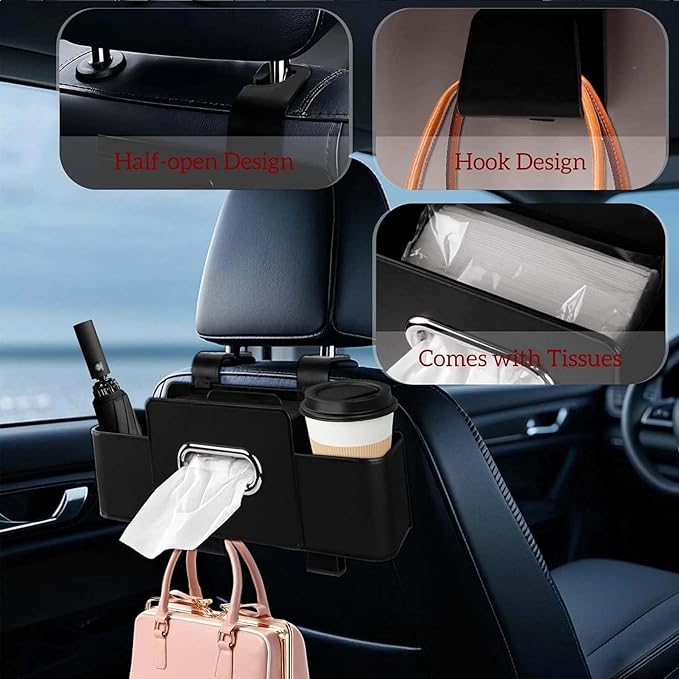 3-in-1 Car Backseat Organizer, 2026 Upgraded Multifunctional Car Seat Back Storage Box, Backseat Car Organizer with 2 Cup Holders, Tissue Box & Hooks, Universal Car Essentials (Black)