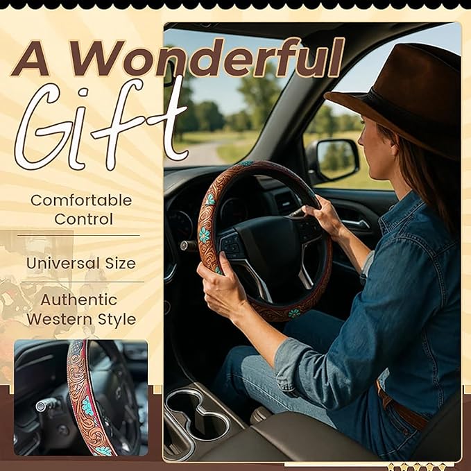 Western Steering Wheel Cover, Color Printed Embossed Hand-Painted Leather Western car Parts, for Women Man, Anti-Slip Design Easy to Install, for Trucks SUVs Cars (Style 2)