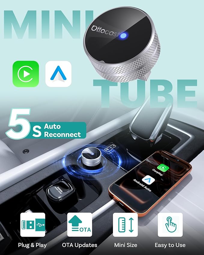 OTTOCAST Mini Tube 2026 Wireless CarPlay & Android Auto Adapter, Plug & Play for iPhone & Android, Seamless Auto-Connect, Stable Performance, Premium Aluminum Design
