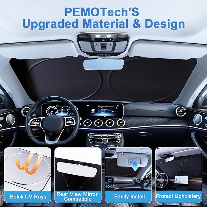 PEMOTech Windshield Sun Shade with Storage Pouch, Thickened Titanium Silver Coating Overlapping Car Window Shades, Blocks 99% Rays & Keeps Interior Cool, Rear View Mirror Compatible(59x31 inches)