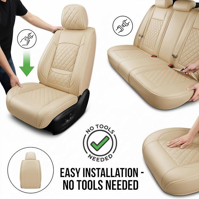 Fit for Equus Seat Covers Compatible with Hyundai Equus 2011-2016 - Waterproof Breathable Leather Automotive Seat Cushions Protector,Airbag Compatible,Only 2 Front seat Covers(Beige)