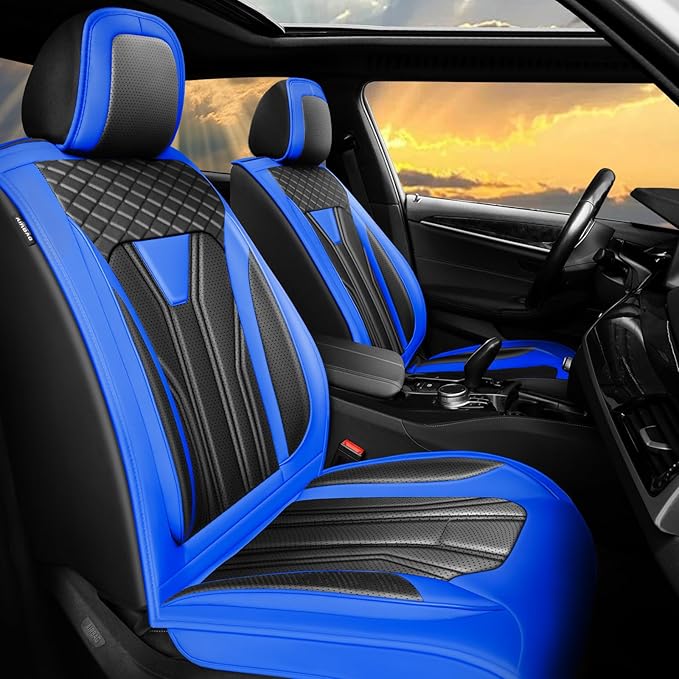 Fit Murano Car Seat Covers Compatible with Nissan Murano 2004-2025 2026 - Full Set Premium Leather， Waterproof Breathable， All-Weather Seat Cushion Protecto&Airbag Compatible （Blue & Black