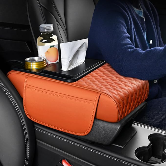 5-in-1 Car Armrest Pad Cushion, Water Ripple Embossed Center Console Booster Pad with Tissue Box, Cup Holder, Storage Bag, Phone Slot, Fit for Most Sedan Vehicles (Water Ripple Series, Burgundy)