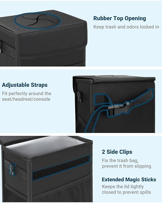 Capolo Car Trash Can with Lid, Leakproof Car Trash Bag Hanging Waterproof Automotive Garbage Can with Storage Pockets Mini Vehicle Trash Bin for Back/Front Seat(Black,2.5 Gallon)
