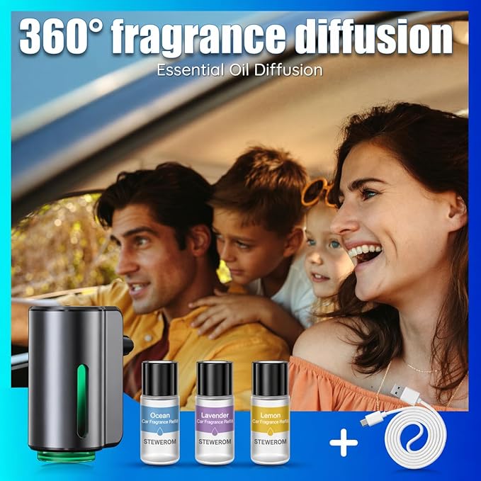 Smart Car Air Freshener, 3 Levels of Adjustable Intensity, Aroma Rechargeable Aroma Diffuser, Adjustable Aroma Diffuser, 220mAh Built-in， Fresh+Intense+Ocean Perfume