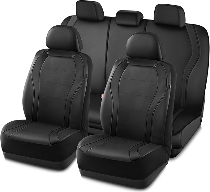 PIC AUTO Leather Car Seat Covers, Premium Automotive Waterproof Front & Rear Full Set Bucket Car Seat Protectors, Black and Black PVC Patchwork, Fits for Cars, Trucks, Van, SUV, Airbag Compatible