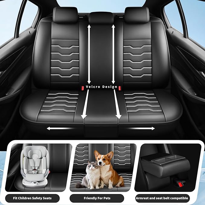 Fit Kona Car Seat Covers for Select Hyundai Kona 2018-2025 2026. Premium Leather, Waterproof， Breathable, Scratch-Resistant & All-Weather Seat Cushion Protector (Full Set, White Line Black)