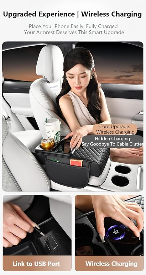 Car Armrest Pad with Built-in Induction Charging, Leather Center Console Cushion with 15W Power Pad, Dual Cup Holders, Storage Pockets - Beige