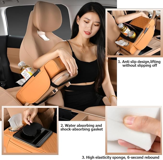 Car Armrest Cushion,5-in-1 Center Console Cover with 2 Storage Bags Cup Holder, Tissue Box Slot, Phone Slot for Sedans, Car Accessories Interior Organizers (Beige)