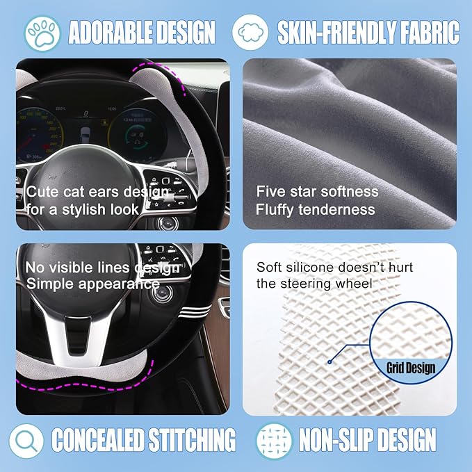 Furry Cute Steering Wheel Cover, Soft Fluffy Short Plush Auto Accessories, Non-Slip Cold-Proof Sweat-Proof Colorfast, Universal 15 inch(Black with Gray)