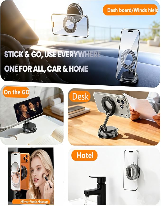 Magnetic Car Phone Holder, 360° Adjustable Vacuum Dashboard and Windshield Mount Cell Phone Holders for Your Car, Carbon Fiber 108+LBS Nano Gel Suction Cup, iPhone, Samsung (Black)