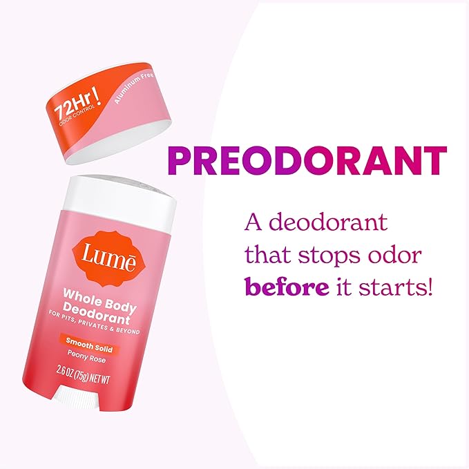 Lume Whole Body Deodorant - Smooth Solid Stick - 72 Hour Odor Control - Aluminum Free, Baking Soda Free and Skin Loving - 2.6 Ounce (Pack of 3) (Peony Rose)