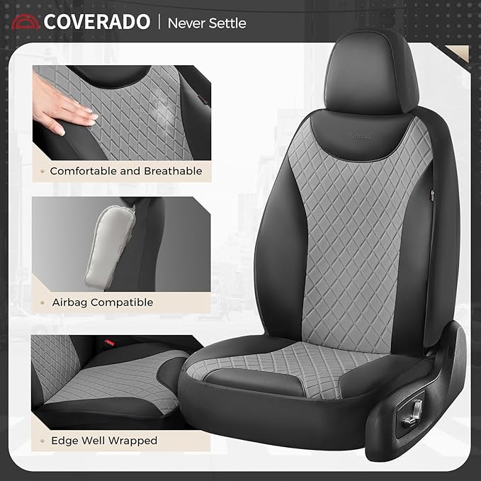 Coverado Car Seat Covers, 2 Seat Waterproof Seat Covers for Cars, Leather Driver Seat Covers, Front Car Seat Protectors Automotive Seat Cushions Universal Fit for Most Sedan, SUV, Truck, Black & Gray