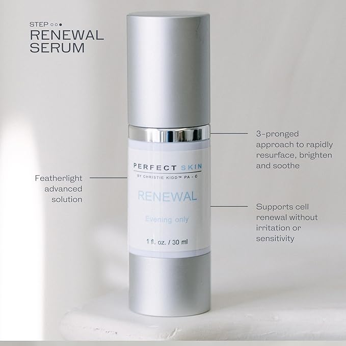 PERFECT SKIN BY CHRISTIE KIDD, PA-C Renewal Serum –Evening Only Exfoliating Serum w/Glycolic, Lactic Acid, Retinoid & Niacinamide – Brightens, Smooths, Reduces Fine Lines–Anti-Aging Skincare 1oz/30ml