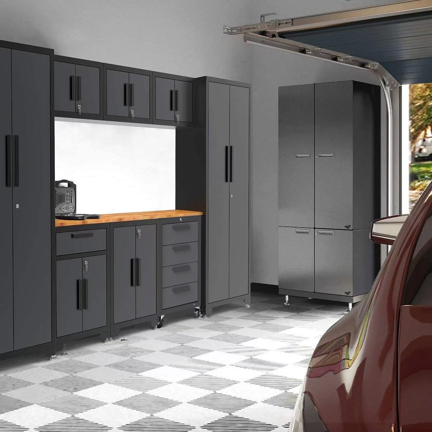 Torin Garage Cabinets Storage System, 9 Piece Included Steel Drawers Rolling Chest,Locked Storage Cabinet, Perfect for Organizing Garage and Tools, Black/Grey