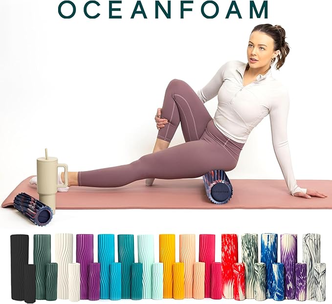 Oceanfoam Ripple Travel Foam Roller (11" x 3.35") Firm Mini Foam Roller for Physical Therapy, Deep Tissue Massage, Back Pain - High Density, Wave Textured - Yoga (Red, Dark Navy & Natural Marbled)