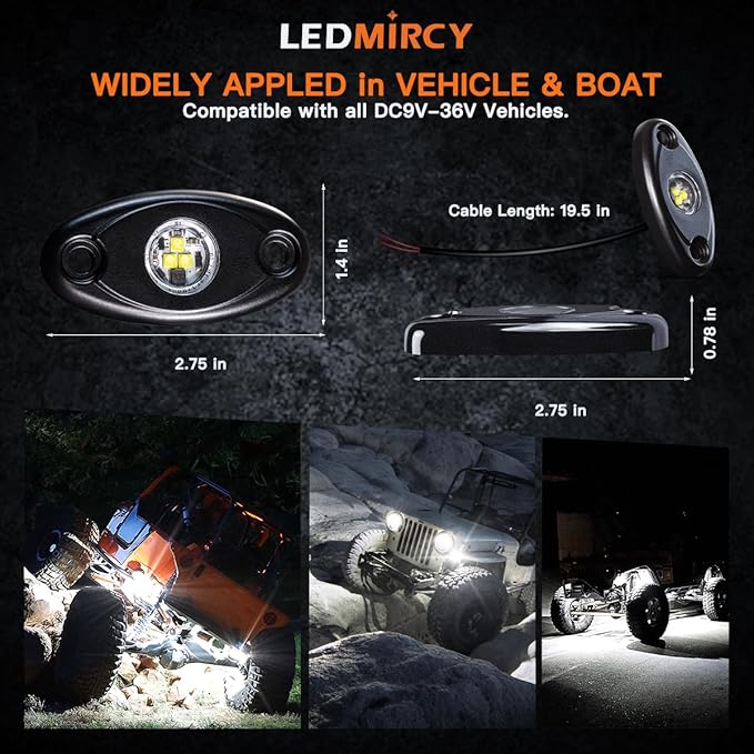 LEDMIRCY R1 LED White Rock Lights 16PCS for Off Road Truck RZR ATV SUV Auto Car Boat Underglow Trail Rig Lights Underbody Neon Light High Power Waterproof Shockproof(16PCS,White)