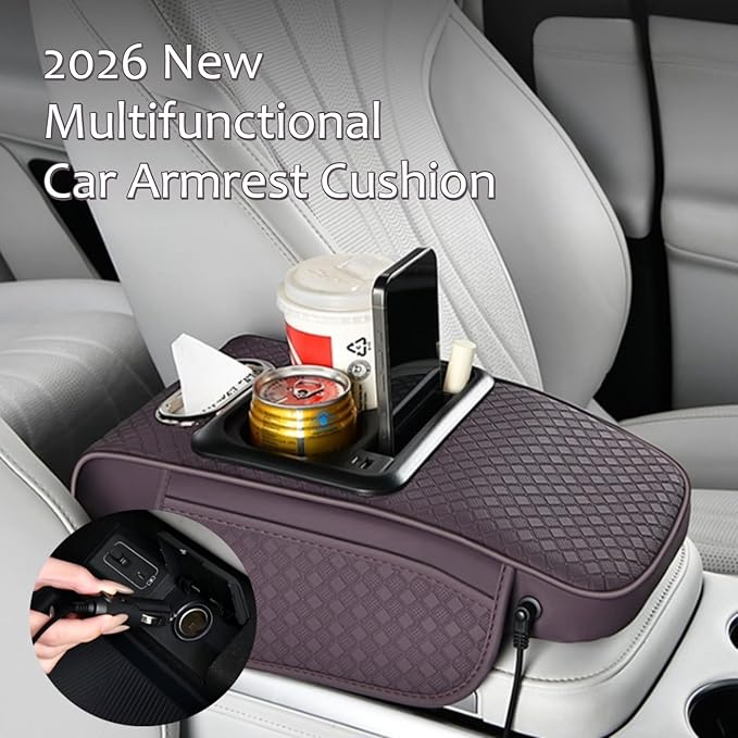 2026 Upgraded Car Center Console Cushion with 30w USB& Type-C Charging Ports, Leather Car Armrest Pad Cover, Interior Accessories for Most Vehicles (Ergonomic Sloped Version, Coffee)