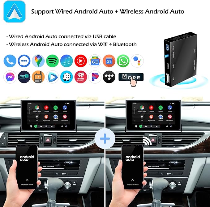 Wireless CarPlay + Android Auto + Mirroring Retrofit Decoder Box Kit, USB Stick Playback, Compatible with Audi A6 A7 C7 from 2016-2018 with MIB Version
