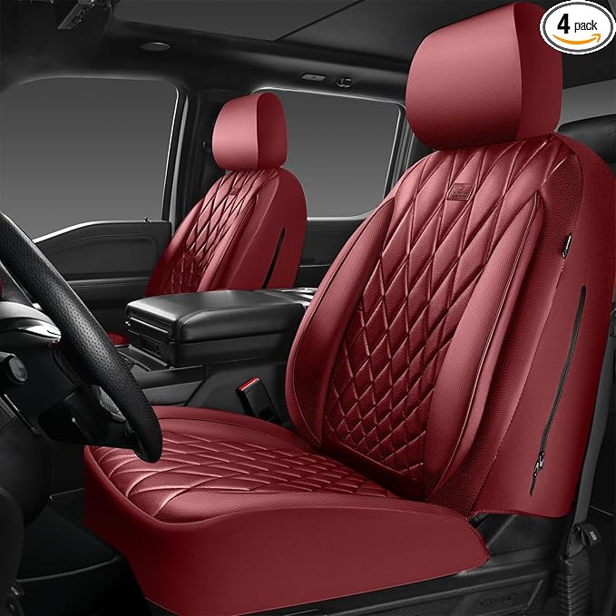 CAR PASS Piping Luxury Faux PU Leather Two Front Car Seat Covers, Waterproof Anti Slip Premium Automotive Seat Covers,Universal Fit for Suvs,Vans,Trucks, Armrest Airbag Compatible, Burgundy Red