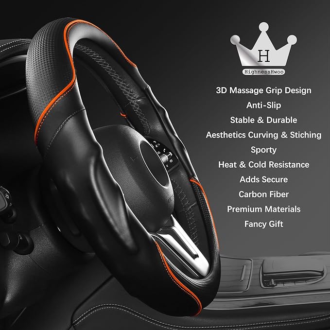 3D Car Steering Wheel Cover Comfort Grip Massage Sporty Anti-Slip Carbon Fiber Faux Leather for F150, Trucks, Jeep, Van, Car Handle Covers for All Seasons, 15.2-16in, Orange