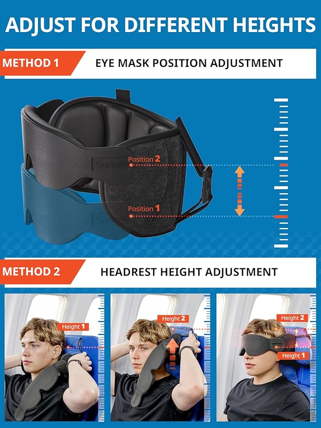 Travel Pillows for Airplanes, Airplane Pillow for Long Flight, Airplane Head Strap with Sleep Eye Mask, 360° Headrest for Car Trip, Stop Bobblehead, Mottled Grey