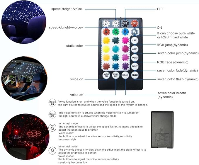 AZIMOM Car Use 6W RGBW 450pcs 0.03in 6.5ft Fiber Optic Lights Starlight Ceiling Light Kit End Glow Optic Cable Music Mode APP Remote Sensory Lighting Indoor Home Headliner Decoration