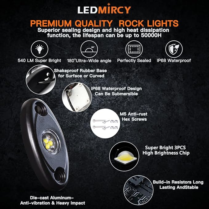 LEDMIRCY Pure White Rock Lights 6PCS R1 Super Bright LED Rock Light White for Off Road Truck Auto Car Boat RZR ATV SUV Waterproof High Power Neon Trail Rig Lights Shockproof(Pack of 6,White)
