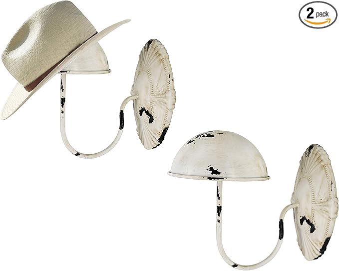 Owlgift Decorative Rustic White Metal Vintage Style Wall Mounted Entryway Hat/Cap/Wig Hanger Display Rack - Set of 2