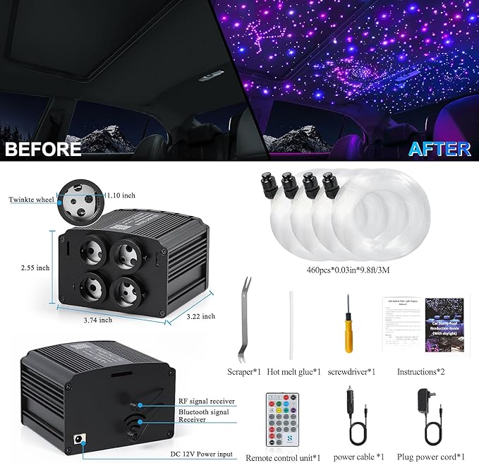 4 Colors 32W Twinkle Starlight Headliner Kit for Car Home with APP&RF Remote, RGBW 460pcs*0.03in*9.8ft Cables Fiber Optic Star Sky Roof Lights,4 Port Engine Sound Activated Ceiling Star Lights for Car