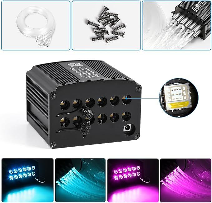 Car Starlight Headliner Kit, 4 Colors 32W Twinkle & Meteor Fiber Optic Ceiling Lights, 2 in 1 Light Engine 600pcs*0.03in*13.1ft+240 RGBW Shooting Stars Headliner Lights for Car Roof Décor