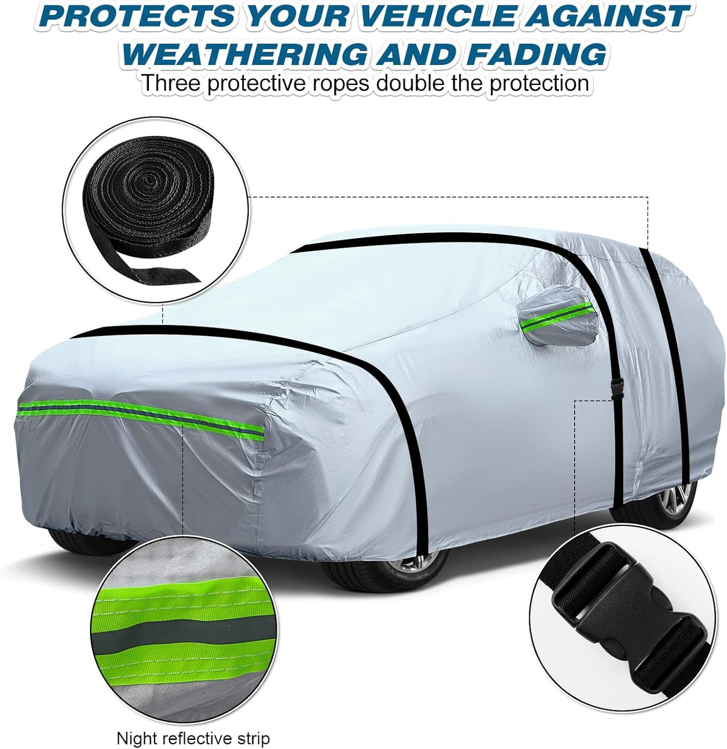 TUCAREST 6-Layers Full Car Cover Universal Premium Shell Zipper Design Waterproof All Weather Weatherproof UV Sun Protection Snow Dust Storm Resistant Outdoor with Straps (Fit for Sedan 197"- 208")