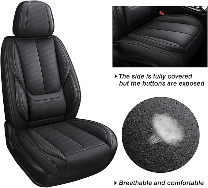 Black Car Seat Cover with Lumbar Support, Car Seat Protector Waterproof, Nappa Leather Car Seat Cushion, Car Seat Covers Front Seats and Back Fit for Most Cars