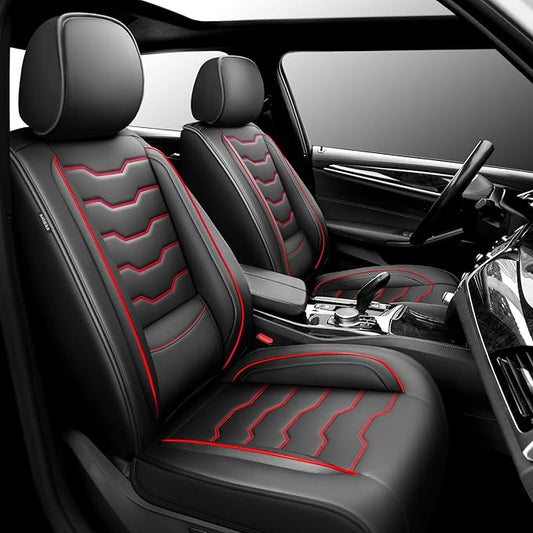 Fit Versa Car Seat Covers Compatible with Nissan Versa 2008-2025 2026 - Premium Leather，Waterproof Breathable，All-Weather Seat Cushion Protecto&Airbag Compatible (2 Front Seat Red Line Black)