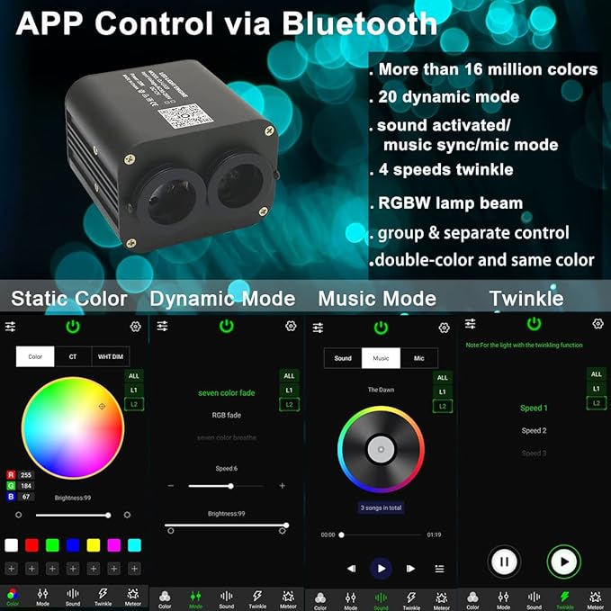 AZIMOM Dual Color 20W Twinkle Fiber Optic Starlight Headliner Kits Mixed 860pcs*13.1ft Fiber Strands Sound Activated Remote APP Control RGBW Light Source Home Car Ceiling Headliner Décor