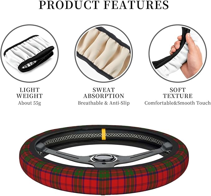 Thickened Elastic Steering Wheel Cover, Grant Tartan red Green Plaid Ultra, Soft, Breathable, Fit for Cars, SUVs, Trucks, Stylish Comfortable Grip