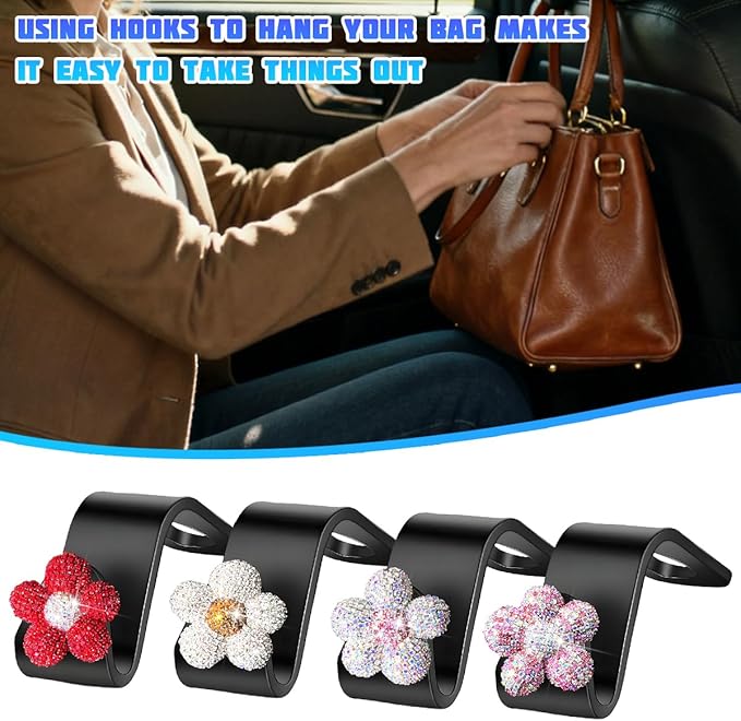 Bling Car Seat Headrest Hook, 4PCS Daisy Crystal Rhinestone Vehicle Backseat Hanger Hook for Purses Bags, Auto Headrest Storage Organizer Decorations, Universal Fit (Multicolour Pink)