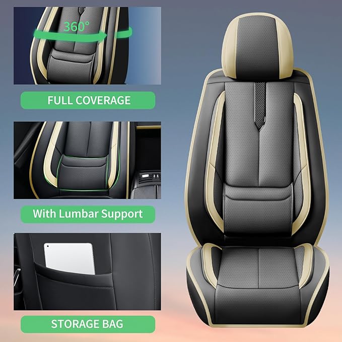 Fit Palisade Car Seat Covers for Hyundai Palisade 2000-2025 2026 -Upgraded Premium Waterproof & Breathable Leather,Airbag Compatible,All-Weather Seat Cushion Protector,2 Front/Black-Beige