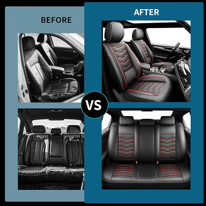 Fit Kona Car Seat Covers for Select Hyundai Kona 2018-2025 2026. Premium Leather, Waterproof， Breathable, Scratch-Resistant & All-Weather Seat Cushion Protector (Full Set, Red Line Black)