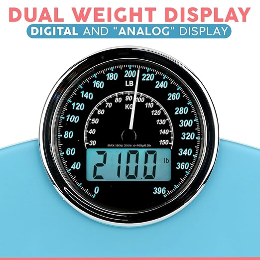 Adamson Hybrid 2-in-1 Analog & Digital Weighing Scale for Body Weight up to 400lbs + Thick Tempered Glass + Extra Large Display + Easy to Read Digital Bathroom Scale + New - Light Blue