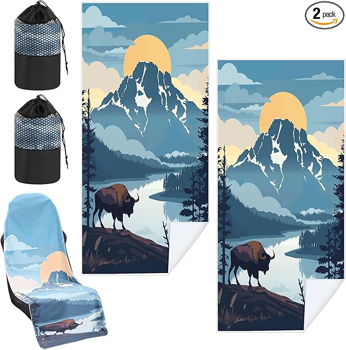 2 Pack Car Seat Towel Covers with Storage Bag 63 x 32 Inch Athletic Running Towel Seat Sweat Washable Non Slip Cover Gift for Car Outdoor Sport Activities (Yellowstone National Park)