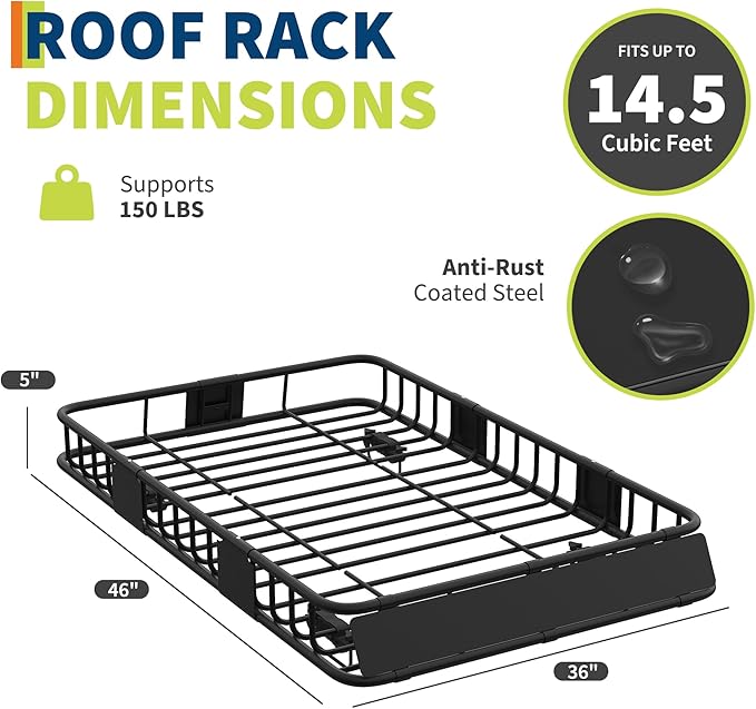 46"X 36"x 5" Universal Roof Rack Basket,Heavy Duty Weather Resistant Top Mount Cargo Rack, Luggage & Camping Gear Storage for Car, Truck or SUV Transport