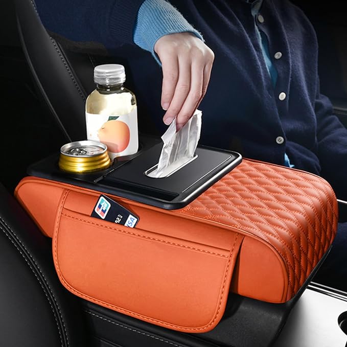 5-in-1 Car Armrest Pad Cushion, Water Ripple Embossed Center Console Booster Pad with Tissue Box, Cup Holder, Storage Bag, Phone Slot, Fit for Most Sedan Vehicles (Water Ripple Series, Burgundy)