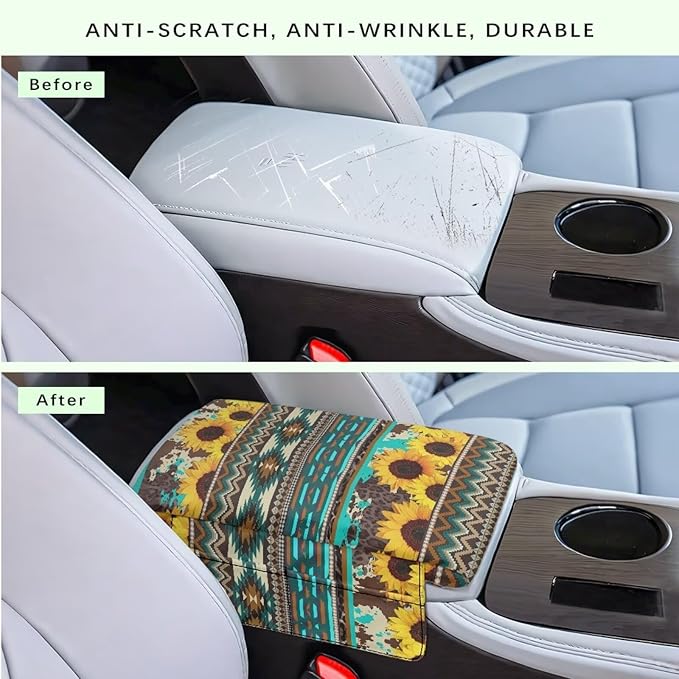 Dreaweet Sunflower Aztec Arm Rest Cover for Car Women Thick Center Console Armrest Pad with Pockets Car Armrest Storage Box Mat Universal Console Covers for SUV Trucks