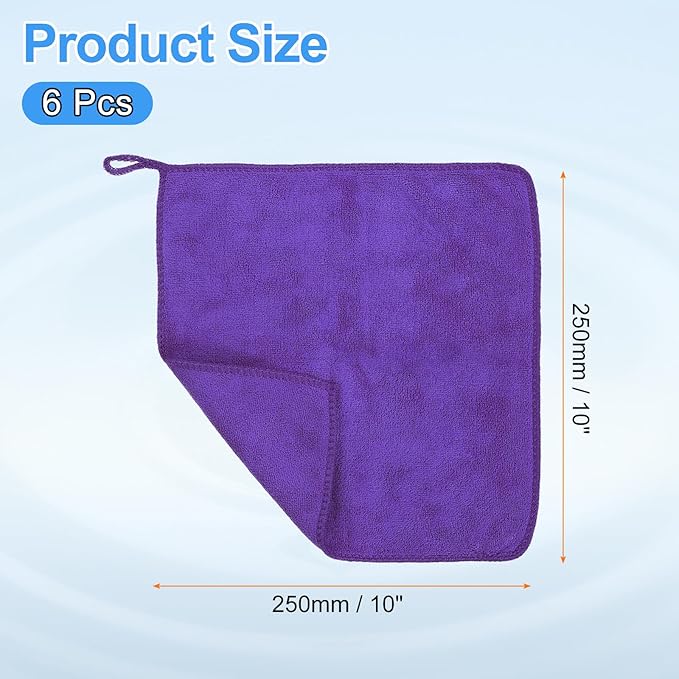 HARFINGTON 6 Pack Microfiber Cleaning Cloth, 10" x 10" Multi-Functional Cleaning Towels Reusable Absorbent Rags with Hook for Car Wash Kitchen Household Window Clean, Purple
