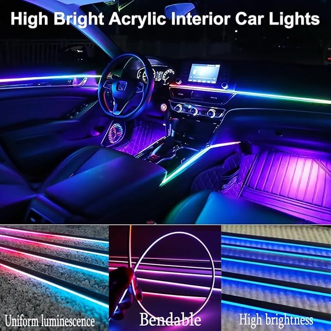 Ambient Lighting Car led Lights Interior,116in USB Dreamcolor 4 in 1 Acrylic Neon Flexible Strip Fiber Optic LED Ambient Lighting Kits with Remote APP, RGB Music Lights Sync for Inside car Decorations